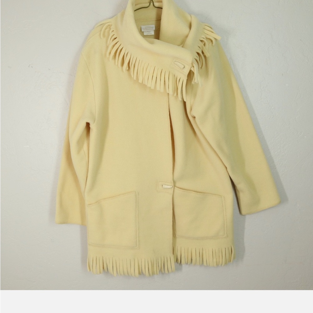 Linda Lundstrom Coat 12 Cream Fleece Fringe Scarf Collar Pockets Toggle Button
